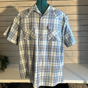 Ariat pearl snaps western 3 XL light blue plaid retro fit. #227